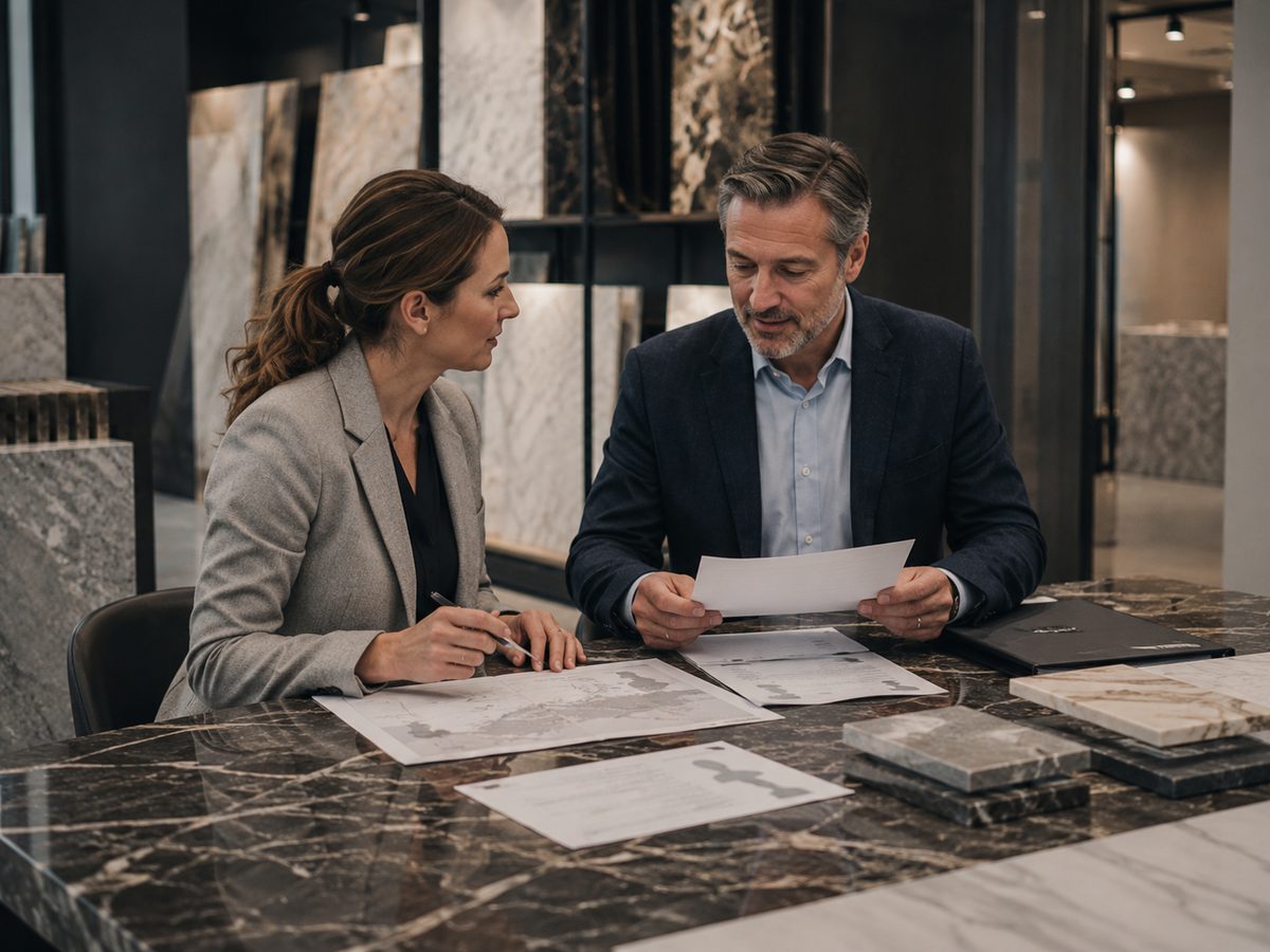 Professionals reviewing confidential acquisition documents in a stone showroom
