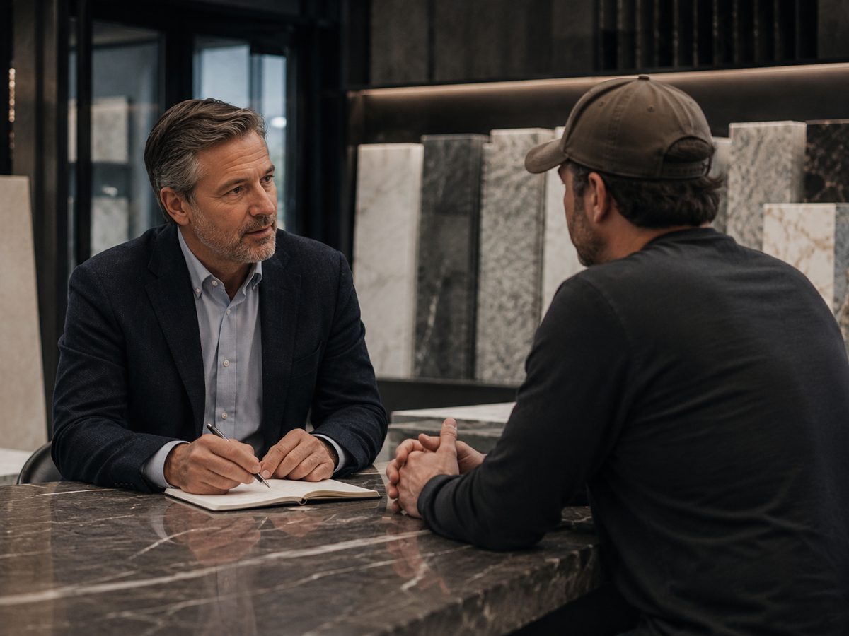 Advisor meeting privately with a stone fabrication owner
